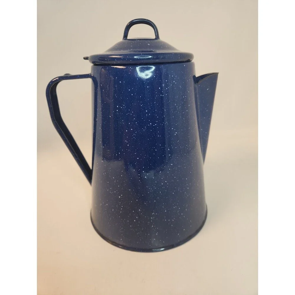 Enamel Coffee Pot Perculator 8 Cup Camp Coffee Pot Blue Speckled Enamel insert